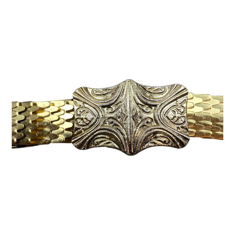 Vintage 80s Elastic Stretch Belt‎ Brass Gold Metal Buckle Fish Scale 27-40" Boho